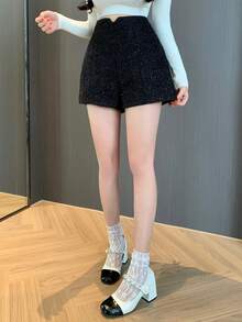 DAZY Women's High Waist Shiny Wide Leg Loose Elegant Fashion Shorts Y2k - Black - View 7