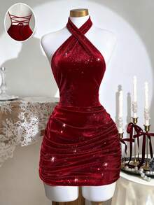 Franclia Women's Halter Bodycon Ruched Side Backless Tie Waist Mini Dress, Suitable For Dates, Chinese New Year, Valentine's Day, Christmas, Daily Wear, Summer, Red Dress, Burgundy, Party - Red - View 1