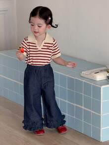 DAZY 女童荷叶边宽松休闲直筒水洗牛仔裤 - 深色水洗藍 - 查看 9