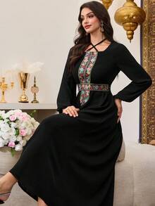 Al Najma Black Arabic Style Dress With Embroidered Floral Trim, Cross-Tie Neckline And Belt - Black - View 7