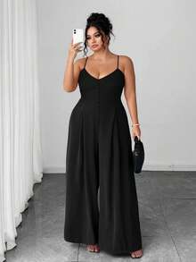 SHEIN CURVE+ 大码女士优雅端庄纽扣吊带褶裥阔腿连体裤，春夏款 - 黑色 - 查看 4