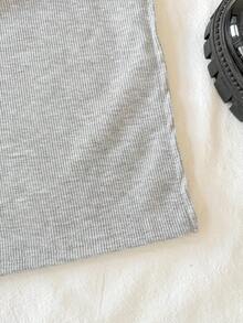 Tween Girl High Waist Pleated Slit Hem Ribbed Knit Skirt - Light Grey - View 4