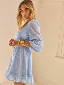 Aralina Lace Insert Long Sleeve Button Up Ruffle Hem Elegant Mini Shift Shirt Dress - Baby Blue - View 7