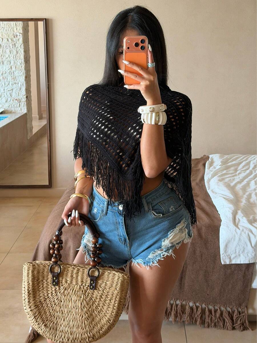 Sunnyshic Cubre informal con flecos y calado en negro para mujer, de moda y versátil para el verano - Negro - Ver 1