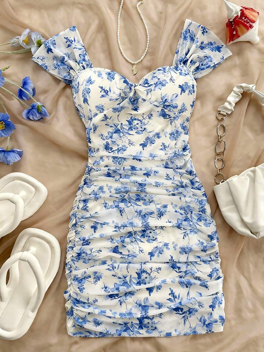 Teen Girl Floral Print Ruffle Neck Fashionable Vacation Dress - Blue - View 1