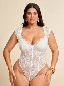 SHEIN BAE Plus Size Women's Spring/Summer Black Short Sleeve Playsuit, Sexy & Elegant Bodysuit, Commuter Bodysuit, Diva Bodysuit, Bodysuit For Young, Lace Trim Bodysuit, Beach Holiday Bodysuit, Suitable For Outdoor, Outing, Afternoon Tea, Casual, Y2K,Valentine's Day,Valentine Outfits For Women - White - View 7