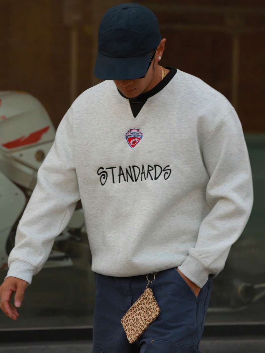 DAZY 男士字母刺绣撞色领套头卫衣，灰色，春秋季