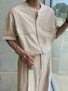 DAZY 纯色米色男士通勤衬衫套装，春夏款 - 米色 - 查看 6