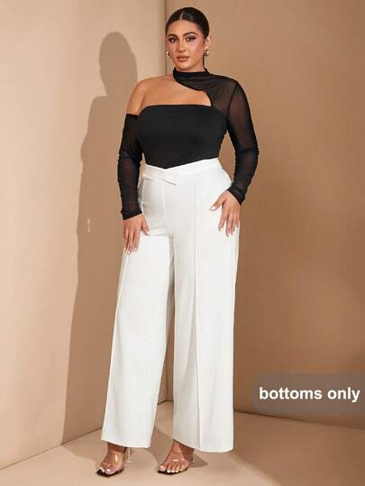 SHEIN BAE ملابس نسائية مقاسات كبيرة، متعددة الاستخدامات، بنطلون أبيض نقي عالي الخصر واسع الساق، مصمم بخصر مريح، طراز بسيط، مناسب للحفلات أو الارتداء اليومي