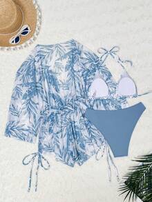 Swim Lushoire Swimsuits For Woman Summer Beach 3packs Random Tropical Print Halter Drawstring Side Bikini - Baby Blue - View 5