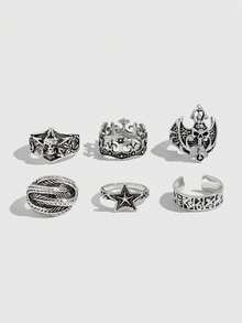 ROMWE Goth 6 chiếc nhẫn ngôi sao phong cách Punk có thể điều chỉnh kích thước, nhẫn đôi, quà tặng ngày lễ - Bạc cổ - ngôi sao đầu lâu - Xem 5
