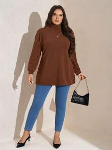 SHEIN LUNE Plus Size Solid Color Turtleneck Drop Shoulder Split Hem Tee , Winter Going Out New Years Women Holiday Brown T-Shirt Plus Size Solid Color T Shirt Chocolate Brown Top Brown Tops For Women Coffee Brown Top Brown Sweater - Coffee Brown - View 4