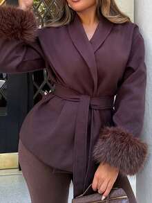 Maria Perezxox Abrigo de color café con puños de peluche a la moda, para otoño/invierno - Café integral - Ver 5