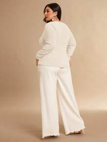 SHEIN BAE 大码女式纯色金属单排扣长袖休闲上衣 - 杏色 - 查看 2