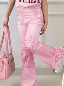 2 pezzi/set Maglietta a maniche corte con collo rotondo e pantaloni a zampa per ragazze pre-adolescenti, vestibilità morbida e casual, adatto per l'autunno - Bianco - Visualizzare 4