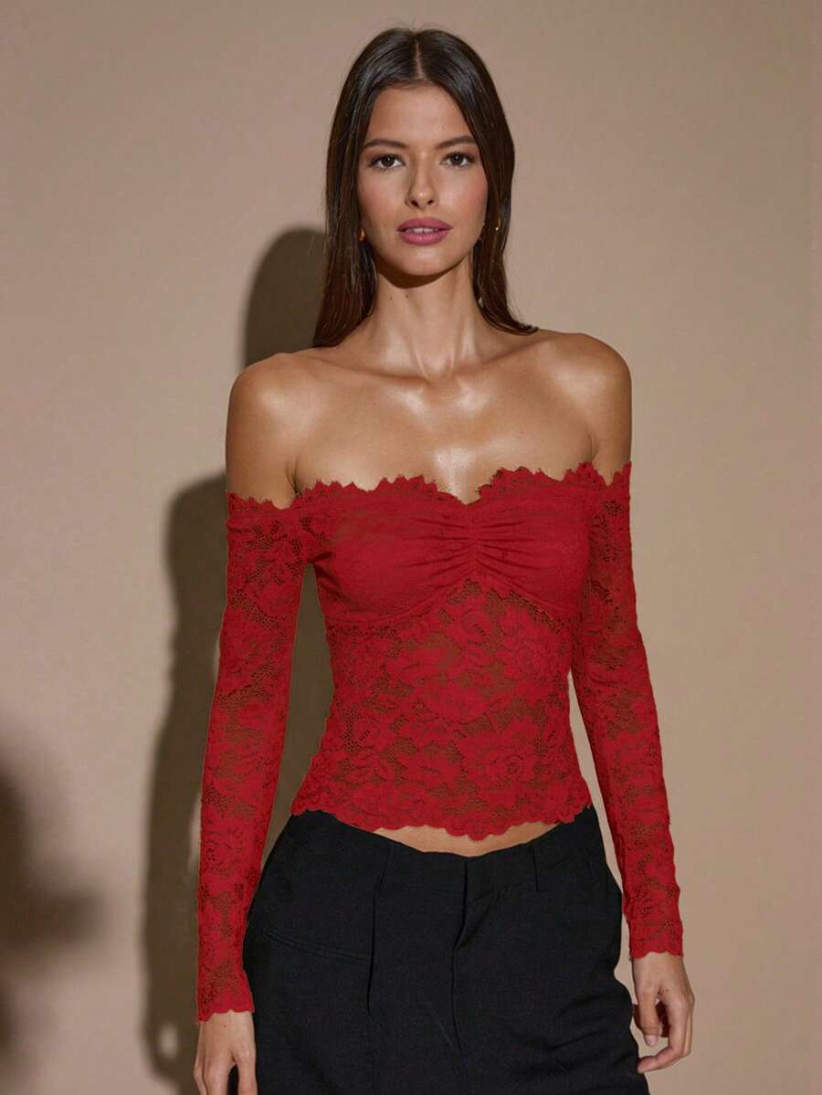 SHEIN BAE Women's Lace Sexy Sheer Hollow Out Off-Shoulder Long Sleeve Top, Wine Red, Suitable For Christmas, Halloween, Day Of The Dead, Autumn/Winter Layering