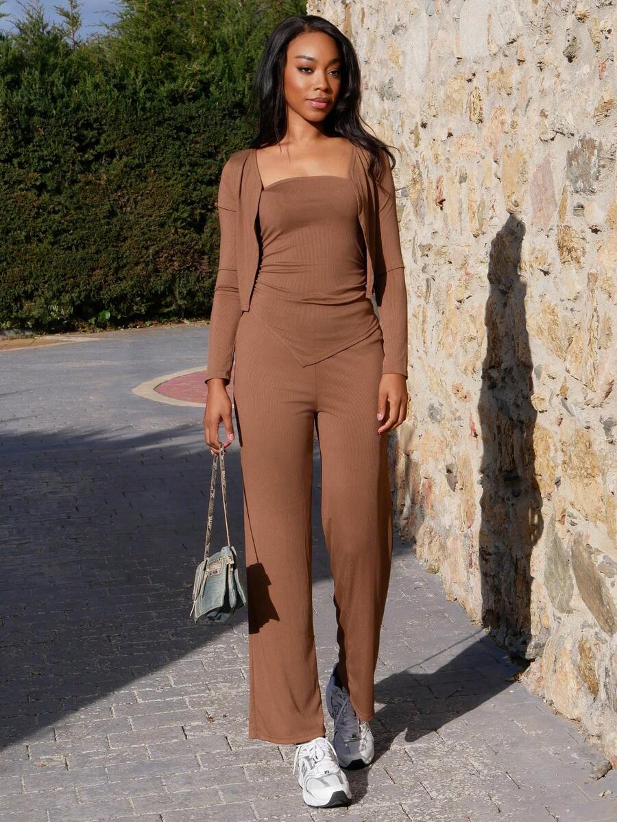 Yess Loren 3pcs/Set Women Solid Color Fitted Outfit - Brown - View 1