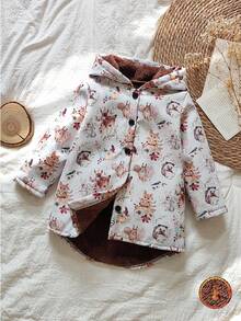 SHEIN Vintaside Kids 年轻女孩动物与植物印花保暖内衬连帽纽扣可爱卡通夹克，适合日常休闲穿着 - 彩色 - 查看 1