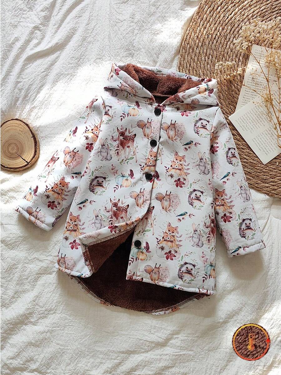 SHEIN Vintaside Kids 年轻女孩动物与植物印花保暖内衬连帽纽扣可爱卡通夹克，适合日常休闲穿着 - 彩色 - 查看 1