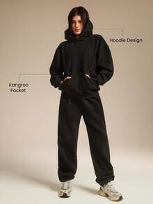 Heavyweight Fleece Oversized Hoodie Sweatshirt Pocket Thick Thermal Warm Winter - Black - View 4