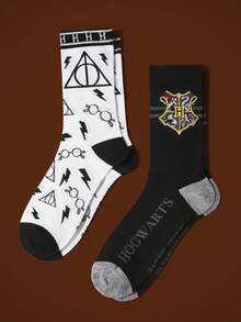 HARRY POTTER X SHEIN 2双男士舒适撞色图案中筒袜，礼品，返校季