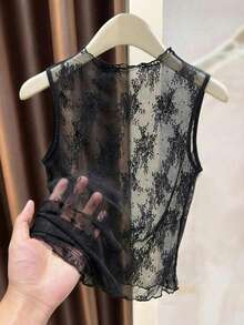 Franclia Black Stand-Up Collar Sheer Sleeveless Tank Top For Women, Black Top, Summer Top, Summer Outfit, Party Top, Beach Outfit, Elegant Women's Top, Sleeveless Top, Lace Outfit.Graduation Season Attire, Fashionable Casual Commuter Wear, Business Office Wear, Versatile And Stylish Everyday Casual Wear, Urban Teacher's Professional Attire - Black - View 2