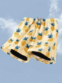 SHEIN Pantalones cortos de baño casuales de verano con estampado de piña y cintura con cordón para niño preadolescente - Multicolor - Ver 3