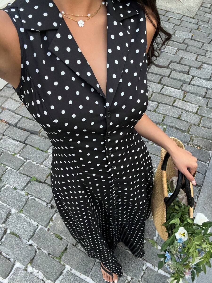 Sunnyshic Đầm maxi nữ màu đen chấm bi, cổ chữ V, không tay, cài cúc ở eo, thanh lịch cho mùa xuân/hè, đi nghỉ mát, dự đám cưới, đi làm, mặc thường ngày. - màu đen - Xem 1