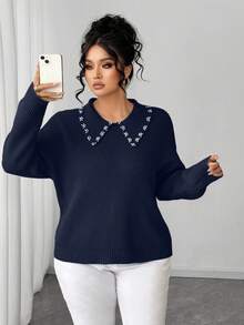 SHEIN Elenzya 女士珍珠领纯色简约套头毛衣 - 寶藍色 - 查看 5