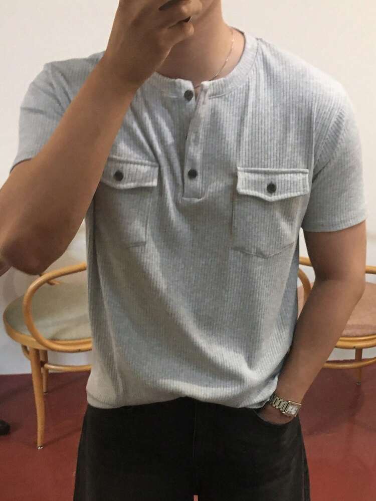 Men's Summer Pocket Design Round Neck Half-Placket T-Shirt