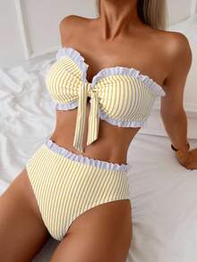 SHEIN Swim Women's Striped Print Contrast Color Ruffle Front Tie Knot Bikini Set, Casual Beach Holiday - Yellow - View 3