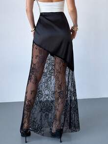 Firerie 女士优雅、精致、浪漫、简约时尚通勤日常百搭情人节约会度假缎面高腰蕾丝拼接透视黑色半身裙 - 黑色 - 查看 9