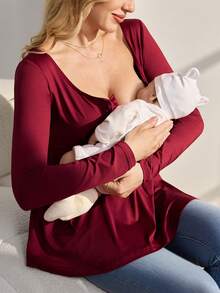 SHEIN Maternity Loose Scoop Neck Button Tie Long Sleeve Top, Fashionable & Minimalist - Red - View 7