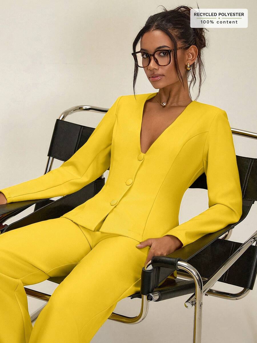 RueChic Women's Incaberry Yellow Suit Set – Fitted Waist Blazer With Self-Fabric Buttons, Long Sleeve, High Waisted Tailored Pants, Elegant Two Pieces Office Outfit - Yellow - View 1