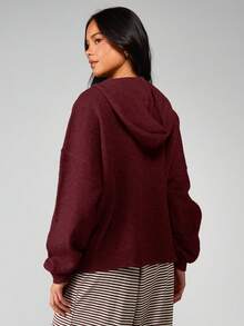 MISSGUIDED 针织拉链连帽衫，带字母徽标，长袖秋冬舒适套头衫 - 酒紅色 - 查看 2