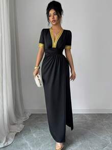 SHEIN Elenzya Đầm dài màu đen dành cho nữ, xẻ tà, điểm nhấn là dải ruy băng trang trí tương phản, xếp ly ở eo, tay áo phồng, thêu họa tiết. - màu đen - Xem 5