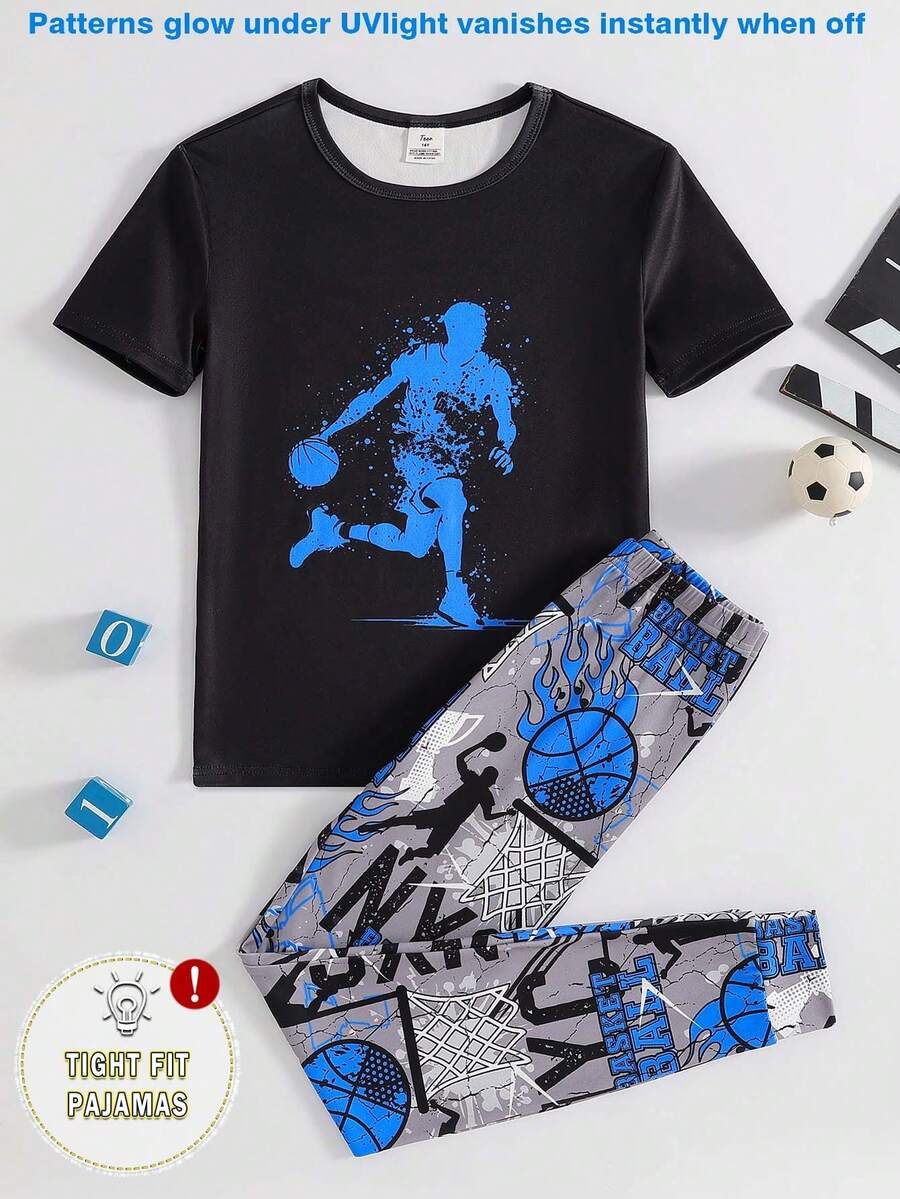 Teenage Boys' Short Sleeve & Full Print Pants Pajama Set, Glow-In-The-Dark Basketball Player Pattern Snug Fit Gamer Boys Jogger Sets - Black - View 1