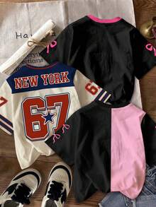 3件套少女休闲简约个性酷炫数字67、六和七，蝴蝶结装饰，时尚运动衫风格，学院风，圆领短袖基础款T恤，适合春夏穿着，姐妹装，适合度假、派对和日常穿着 - 彩色 - 查看 2