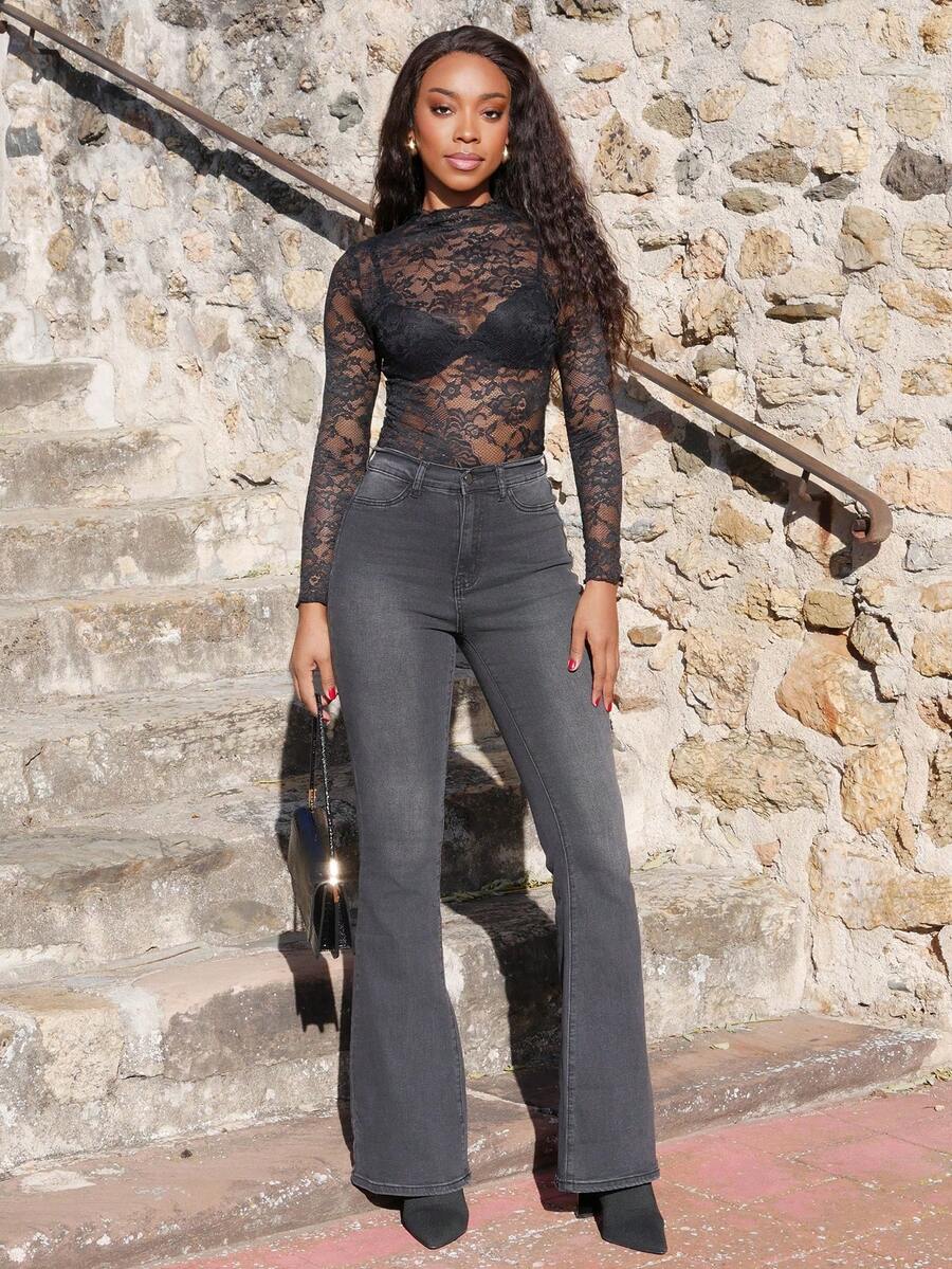 Yess Loren 休闲曲线高腰喇叭腿牛仔裤 - 深灰色 - 查看 1