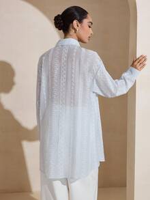 Graphic Print Loose Sweet French Chic Lightweight Semi-Sheer Long Sleeve Shirt - Blue - View 6