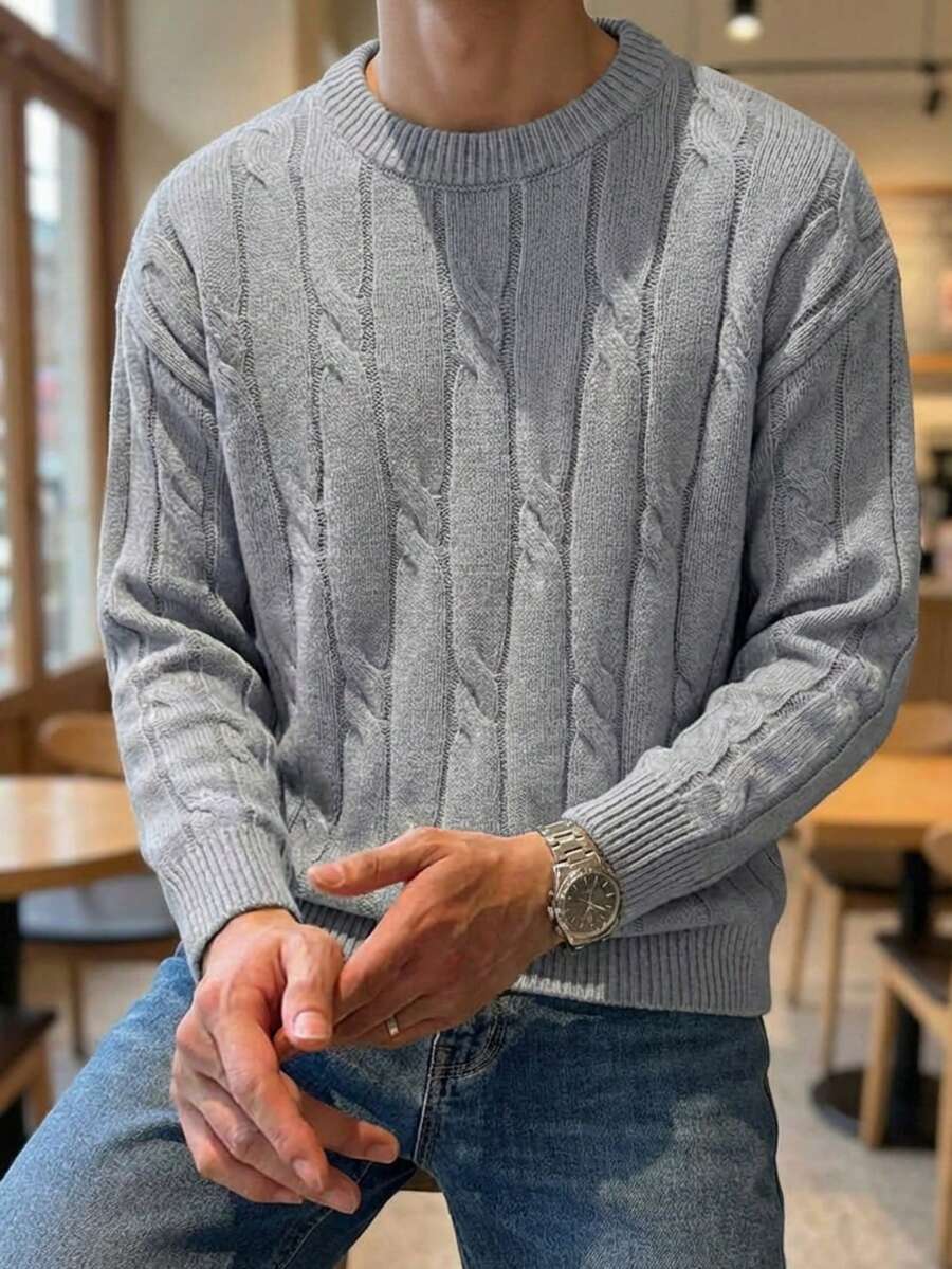 SWAVVY 男士休闲纯色圆领长袖毛衣，秋冬季 - 深灰色 - 查看 1