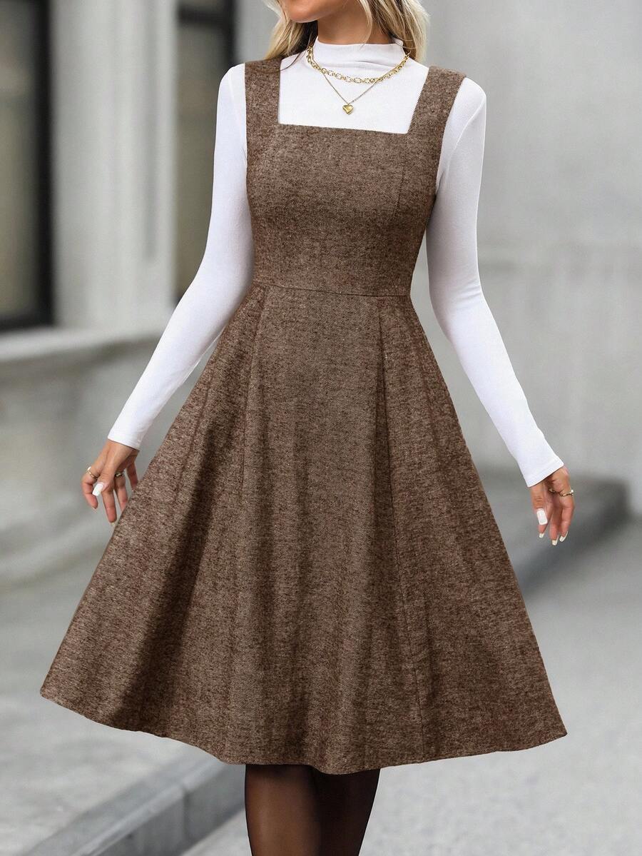 EMERY ROSE 女士纯色简约中长连衣裙，休闲日常穿着 - 棕色 - 查看 1