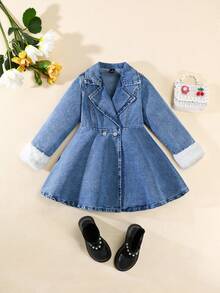 Elladie kids Autumn/Winter Denim Long Knee-Length Jacket Or Dress, Washed Black Denim, Retro Sweet Cool Casual Vacation Style College Look Recommended - Medium Wash - View 6