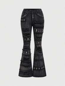 ROMWE Grunge Punk Quần jeans skinny ống loe cạp siêu thấp rách rưới, thiết kế đinh tán phong cách Punk Metal. - màu đen - Xem 1