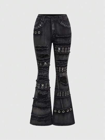 ROMWE Grunge Punk Punk Metal Rivet Design Distressed Super Low Waist Skinny Flare Jeans