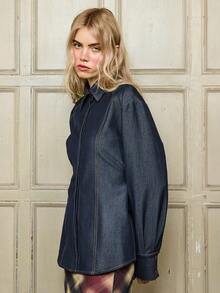 COUREZ 长袖修身PVL衬衫/Y2K春季女装蓝色衬衫可爱性感外出穿搭优雅上衣夏季穿搭夏季衬衫 - 藍色 - 查看 6