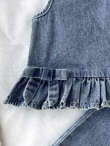 SHEIN LMoss Kids 2pcs Baby Girls Denim Ruffle Trim Vest And Loose Pants Set, Blue - Light Wash - View 7