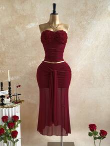 Soleia 女士浪漫度假玫瑰纹理面料拼接网纱抹胸上衣搭配网纱垂褶系带腰部长裙套装，休闲、约会、夜店、下午茶、海滩、邮轮、城市度假、音乐节、派对、波西米亚风、嬉皮风、西部风、日常通勤，红色裙装套装，玫瑰套装 - 酒紅色 - 查看 8