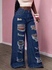 Slaydiva Plus Size Loose Distressed Straight Leg Blue Jeans - Blue - View 5