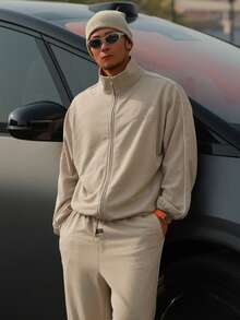 DAZY Solid Color Khaki Patch Design Men's Pullover Pullover Sweatshirt Set, Spring/Autumn